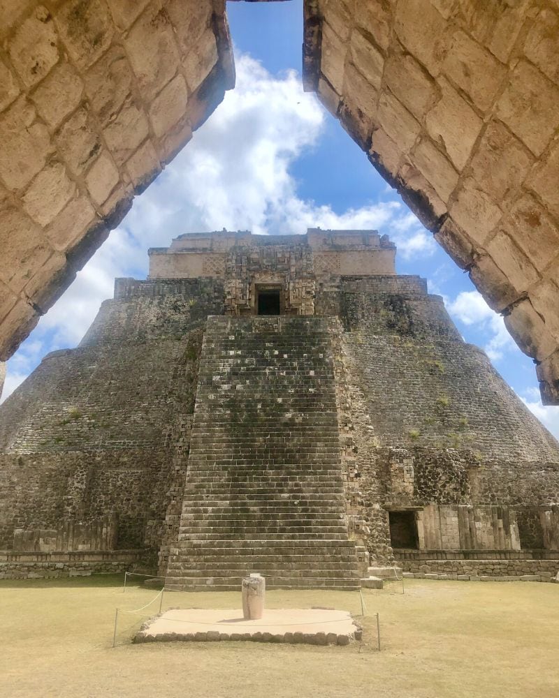pyramid at uxmal mayan ruins in mexico yucatan peninsula